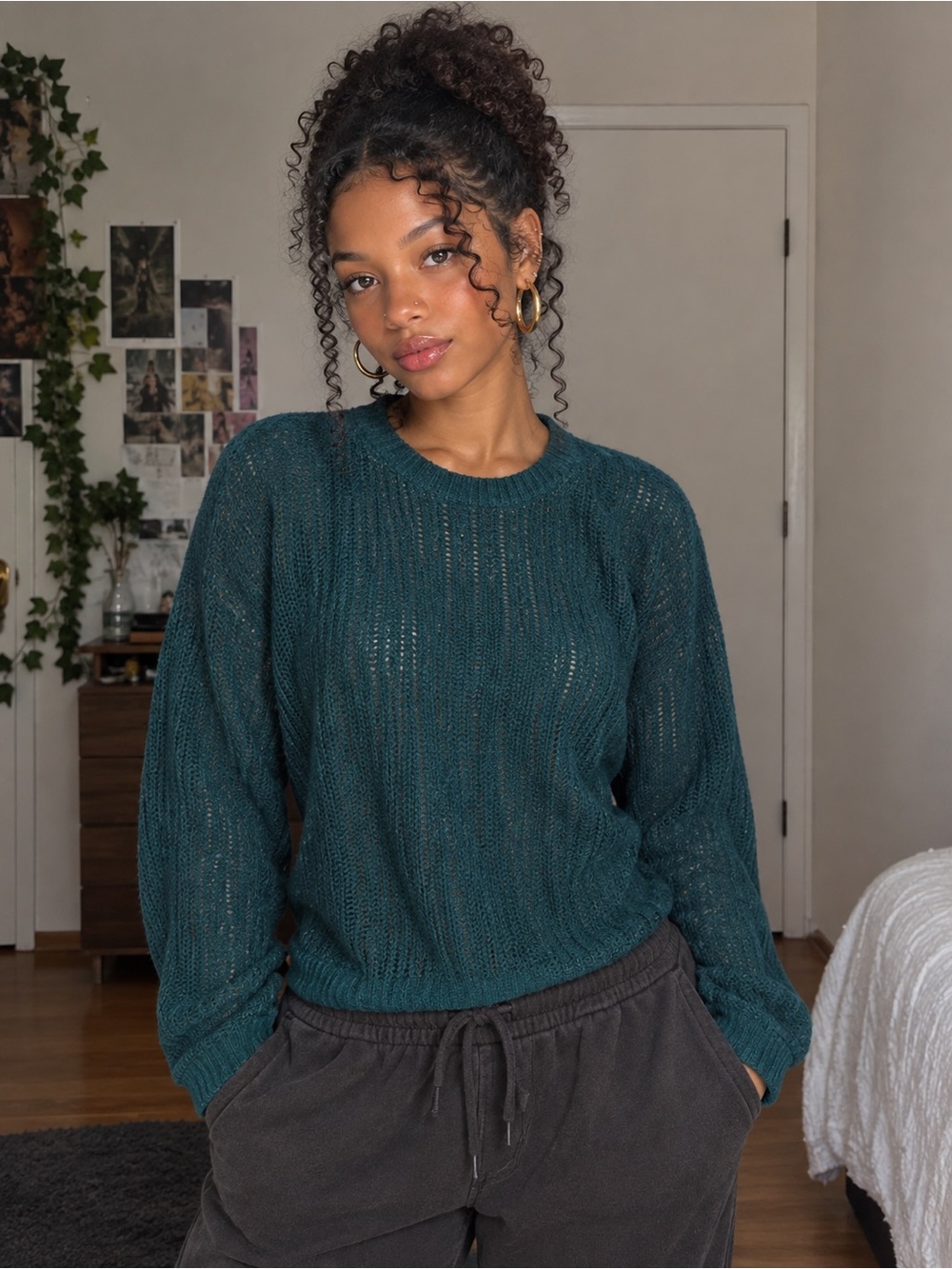 Uniqlo Women’s Wool Blend Lace Crewneck Sweater - Teal Green